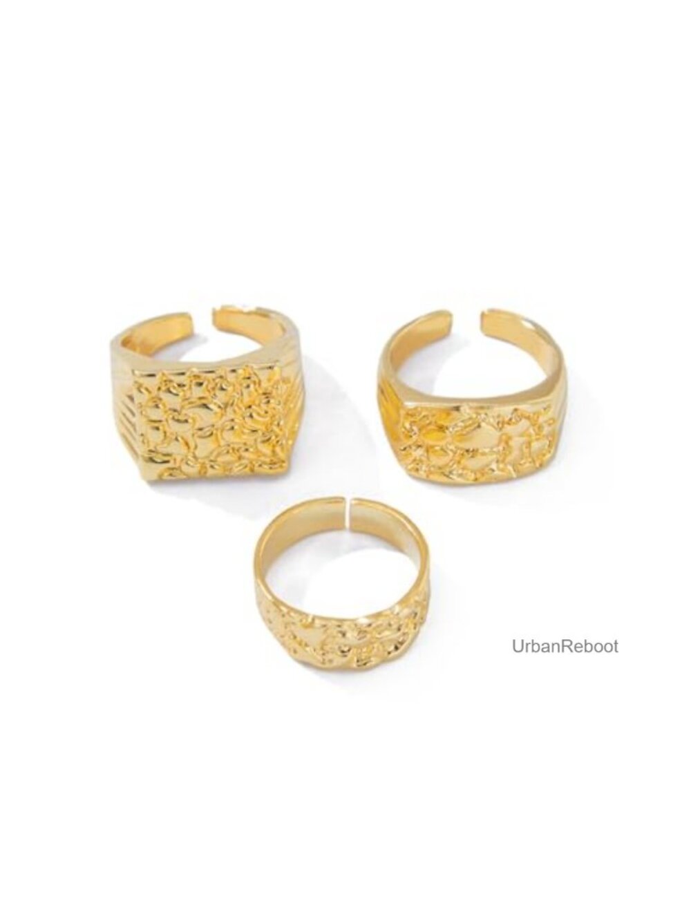 Chunky Geometric Statement Rings Set for Women, Hammered Gold Alloy Stackable